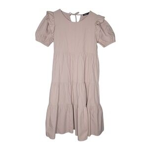 Elleborn Dress Small Tan Tiered Midi Short Puff Sleeve Cottagecore Boho Prairie